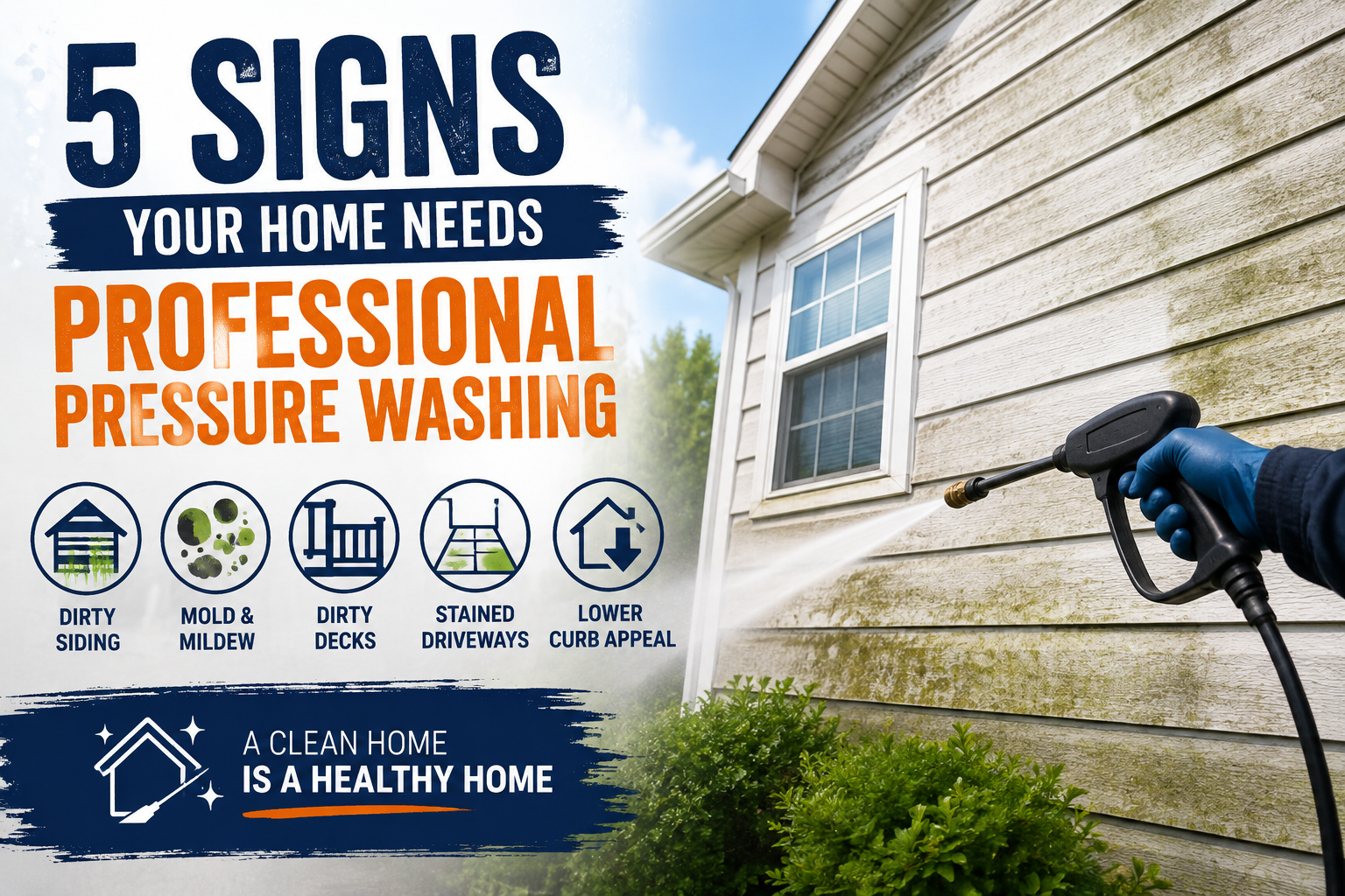 Infographic: 5 signs your home needs professional pressure washing — dirty siding, mold and mildew, dirty decks, stained driveways, and lower curb appeal. A clean home is a healthy home with Elite Exteriors in Floyds Knobs and Southern Indiana.