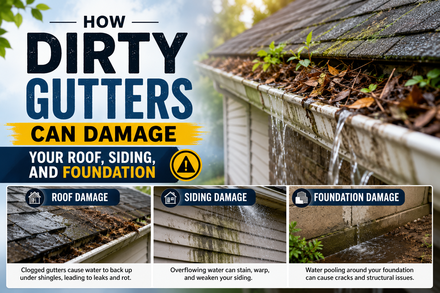 How dirty gutters can damage your roof, siding, and foundation, showing clogged gutters overflowing with leaves and water damage to shingles, siding, and foundation