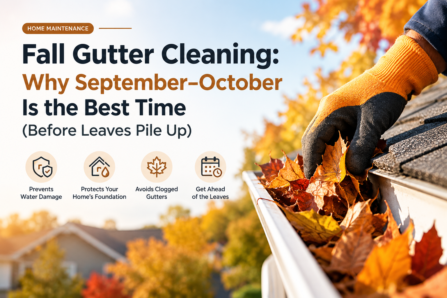 Gloved hand clearing autumn leaves from a gutter in Southern Indiana before they pile up and cause clogs or ice dams