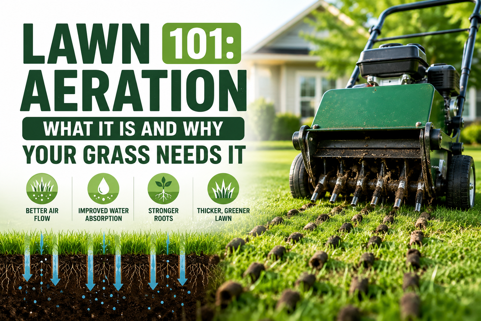 Lawn aeration 101 guide graphic showing a core aerator pulling soil plugs from a green lawn with benefits: better air flow, improved water absorption, stronger roots, thicker greener lawn