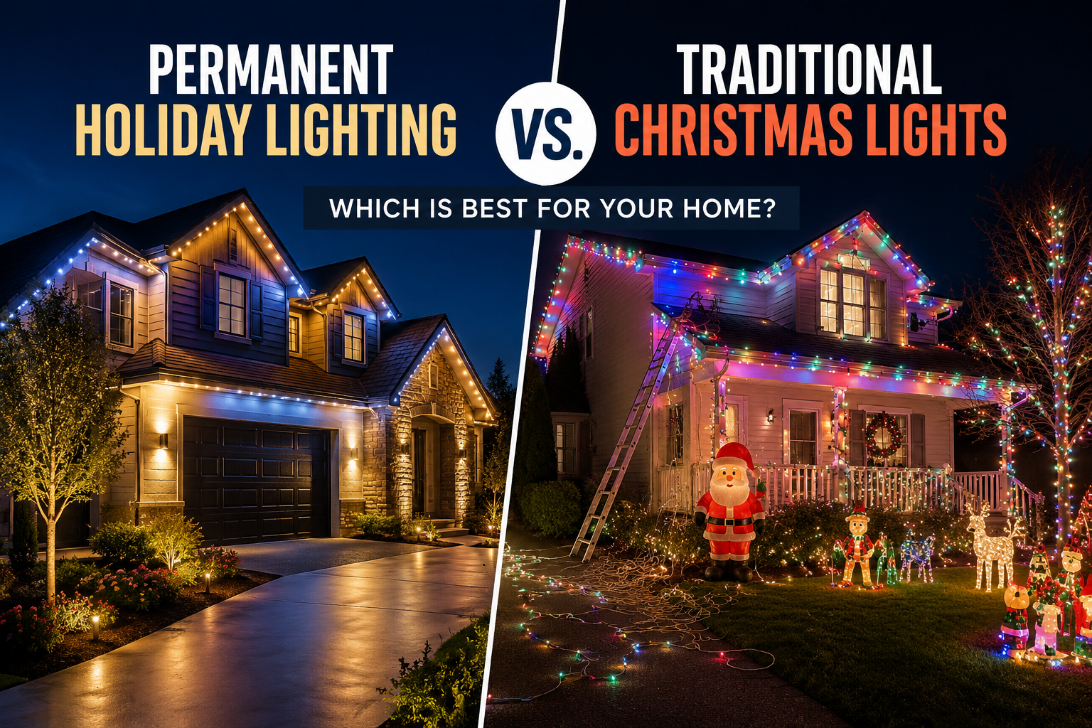 Permanent Holiday Lighting vs. Christmas Lights: Which Wins? Side-by-side comparison at night: a home with clean permanent holiday lighting along the roofline on the left, and a home with tangled traditional Christmas lights, a ladder and inflatable decorations on the right.