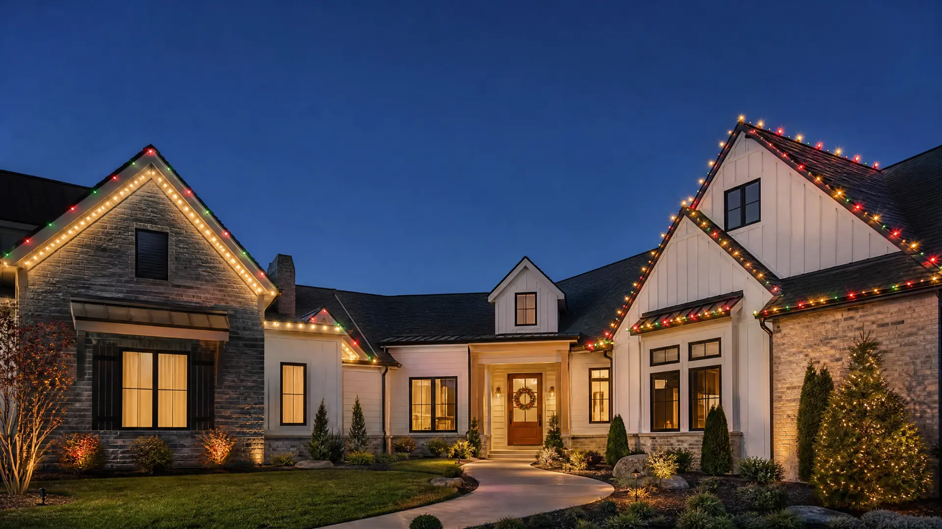 Modern home at dusk decorated with colorful roofline Christmas lights and warm landscape lighting, illustrating permanent LED lighting versus traditional holiday lights in Southern Indiana.