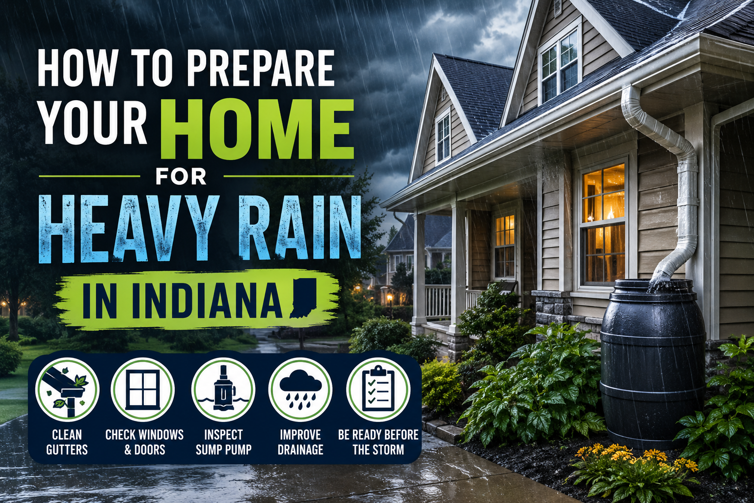 How to prepare your home for heavy rain in Indiana: clean gutters, check windows and doors, inspect sump pump, improve drainage and be ready before the storm