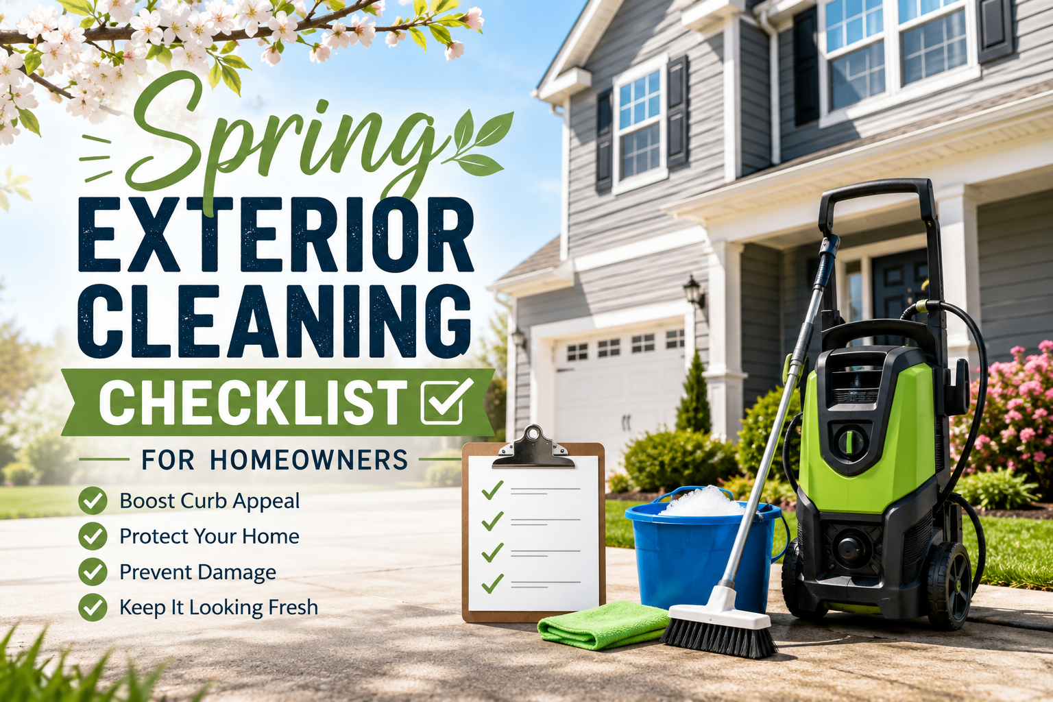 Spring exterior cleaning checklist for homeowners with pressure washer, bucket, brush and checklist in front of a clean home